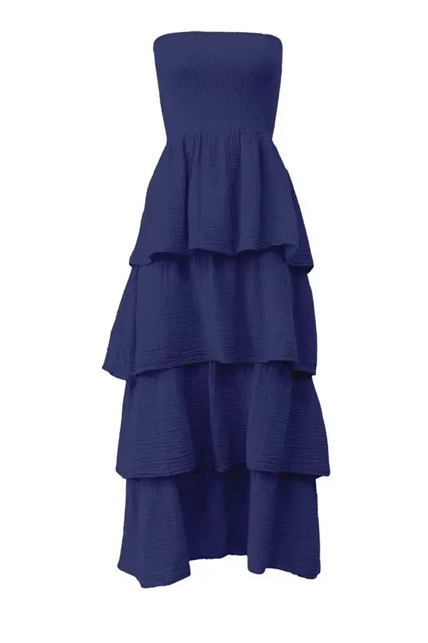 Navy Strapless Tiered Gauze Dress