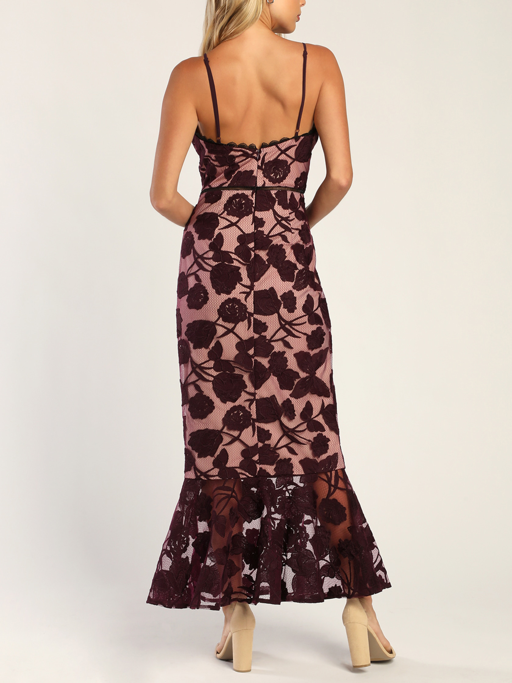 Navy Blue Floral Mesh Lace Trumpet Midi Dress