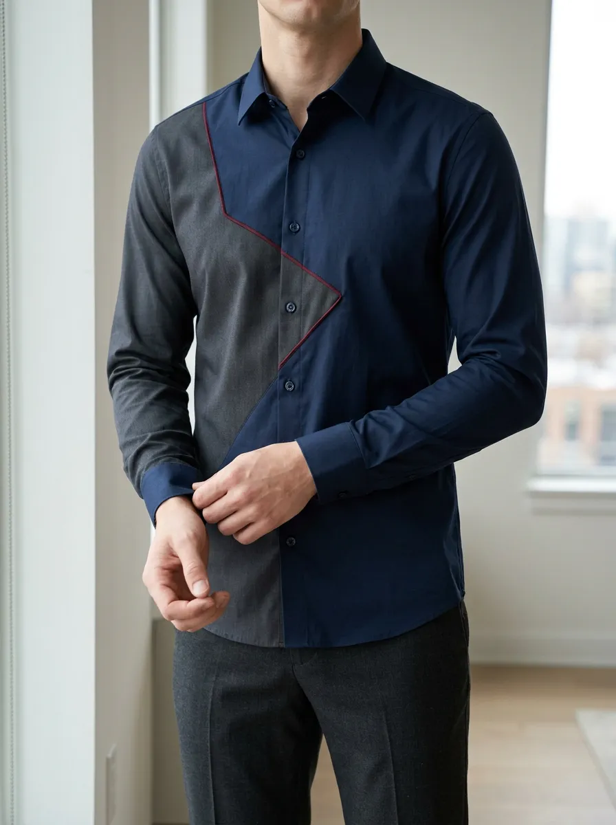 Men's Colorblock Geometric Pattern Slim Fit Long Sleeve Shirt