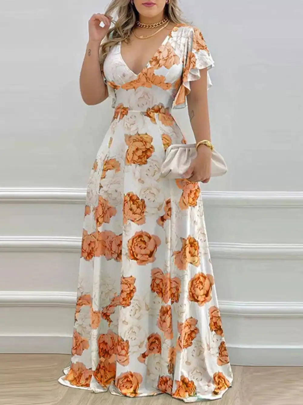 Floral Printed V Neck Maxi Dress