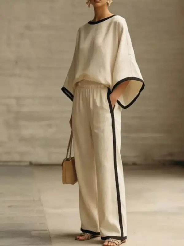 Full Size Contrast Trim Top and Wide Leg Pants