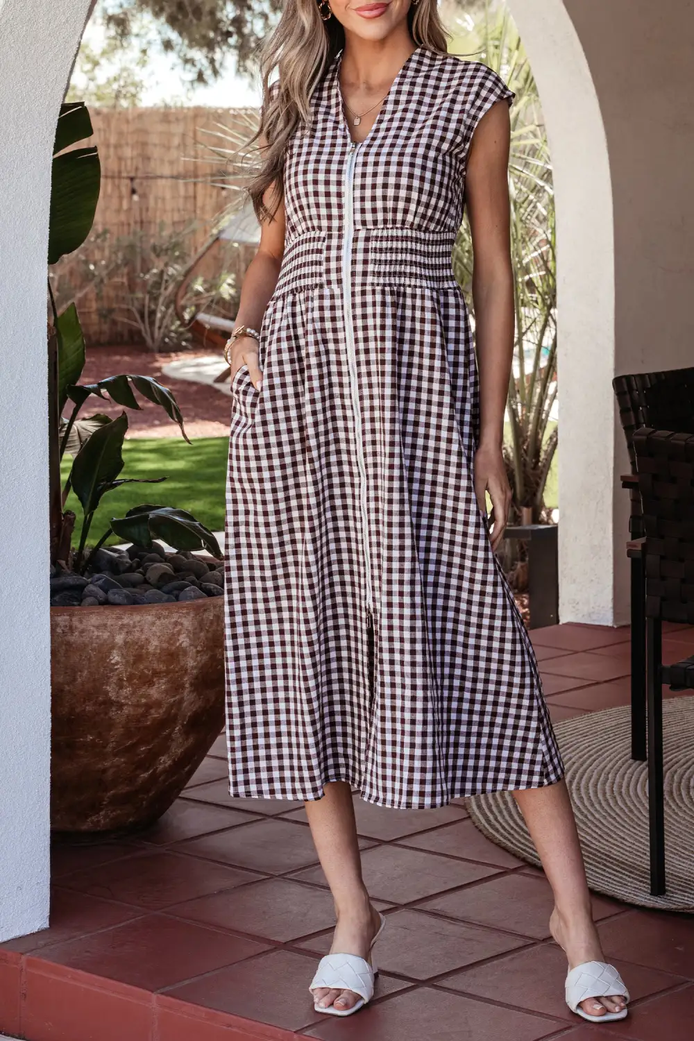 Plaid Printed Zip Front Maxi Dress