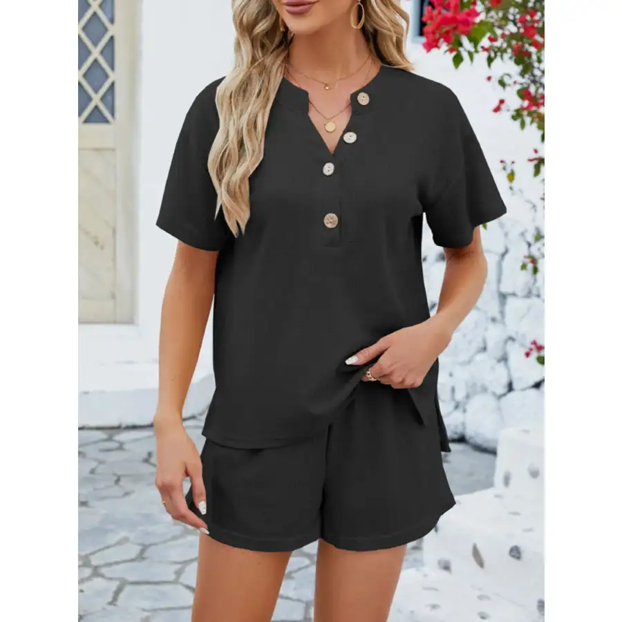 Casual Button Detail Ribbed Top and Shorts Two Piece Set