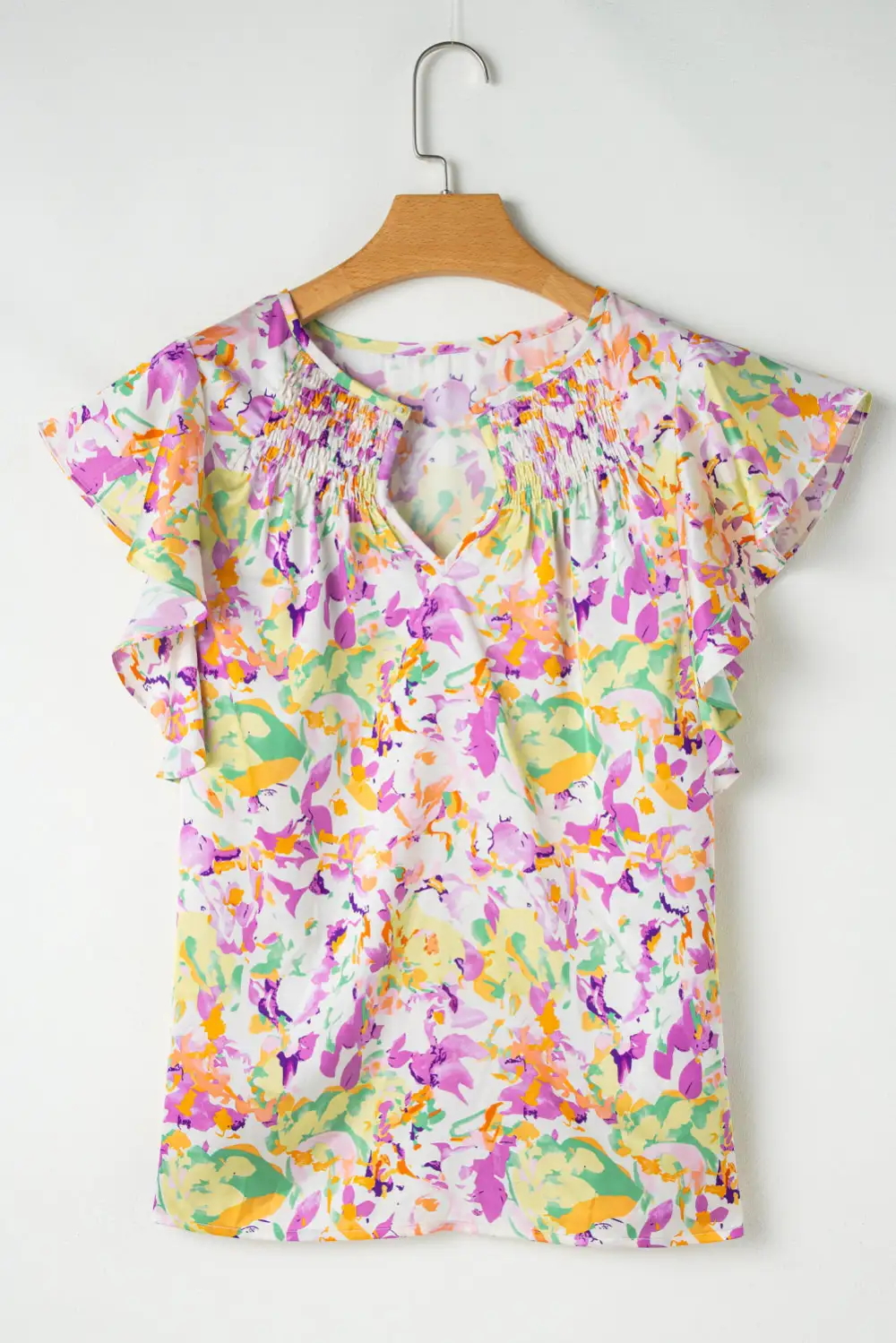 Abstract Print Ruffled Notched Neck Blouse