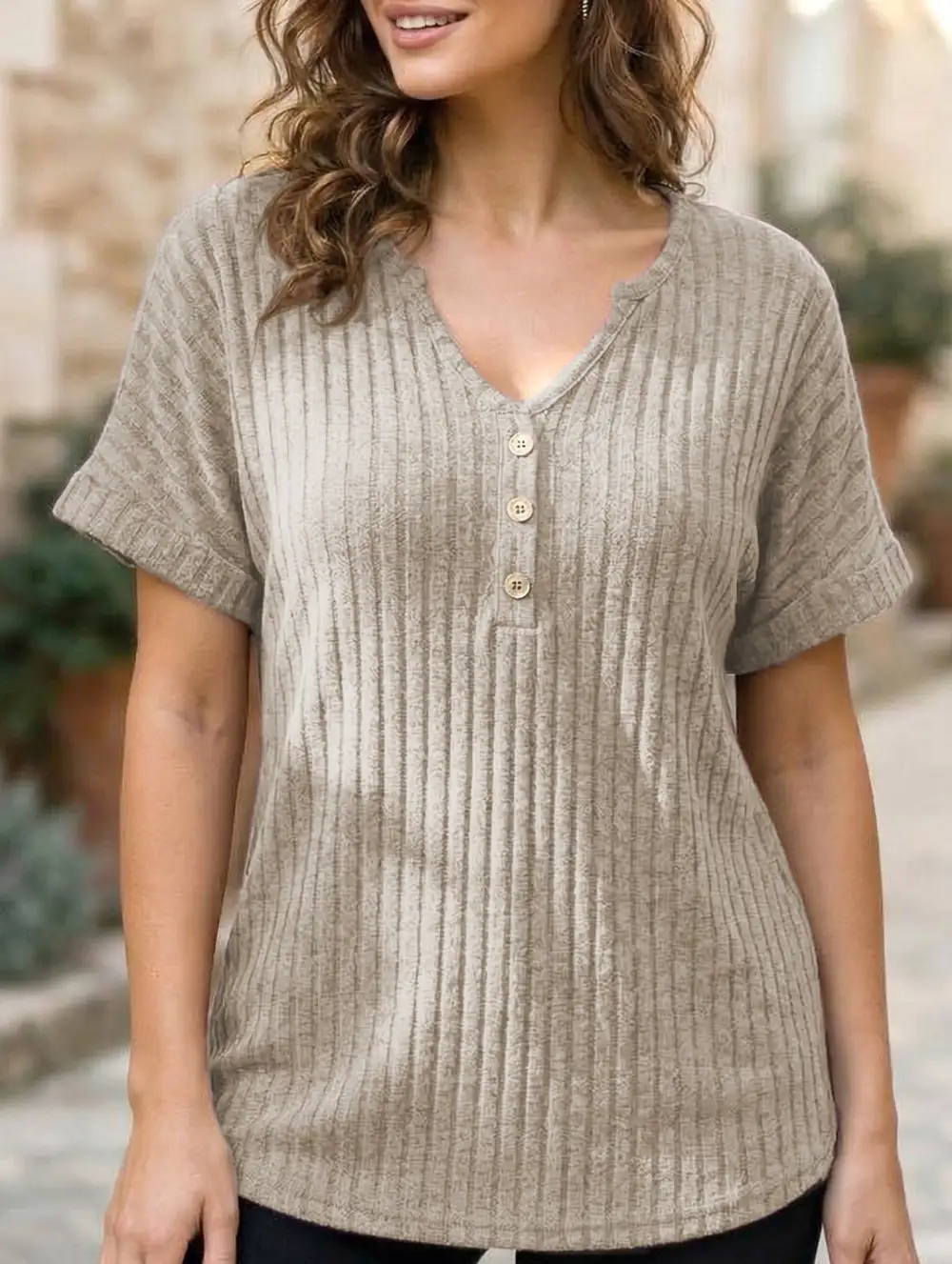 V Neck Button Front Loose Ribbed Tee
