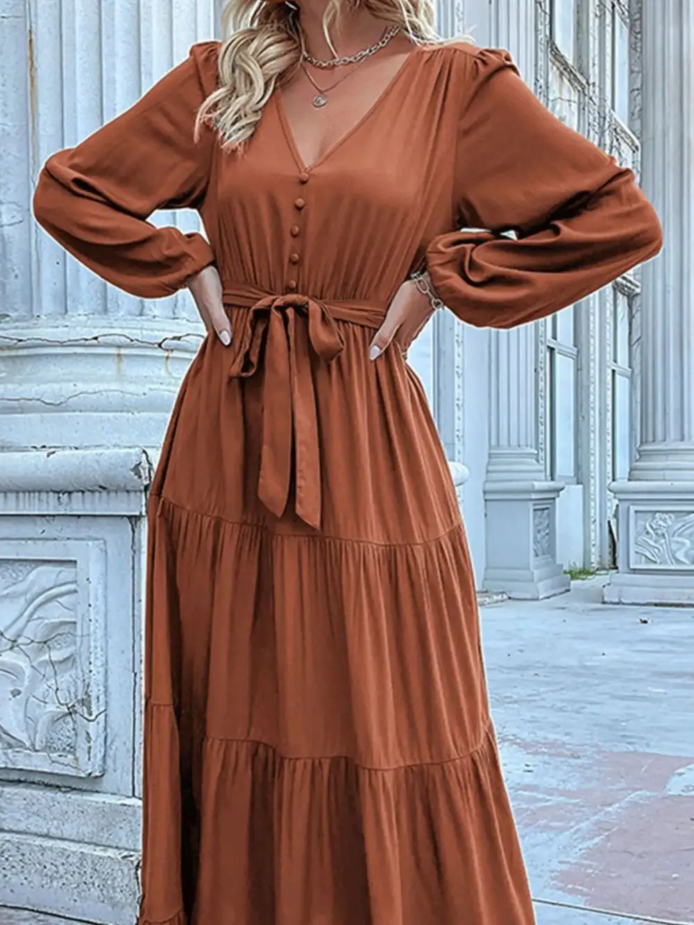 Smooth Finish V Neck Ruffle Dress