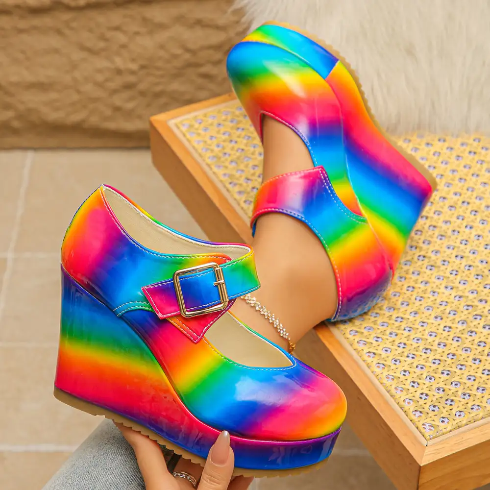 Colorful Round Toe Wedge Mary Jane Loafers Shoes