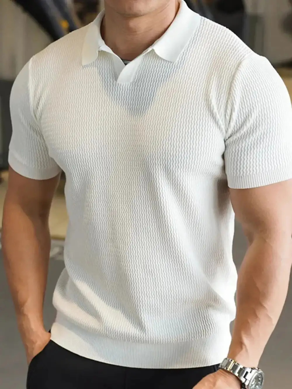 Textured Ribbed Knit Polo Shirt