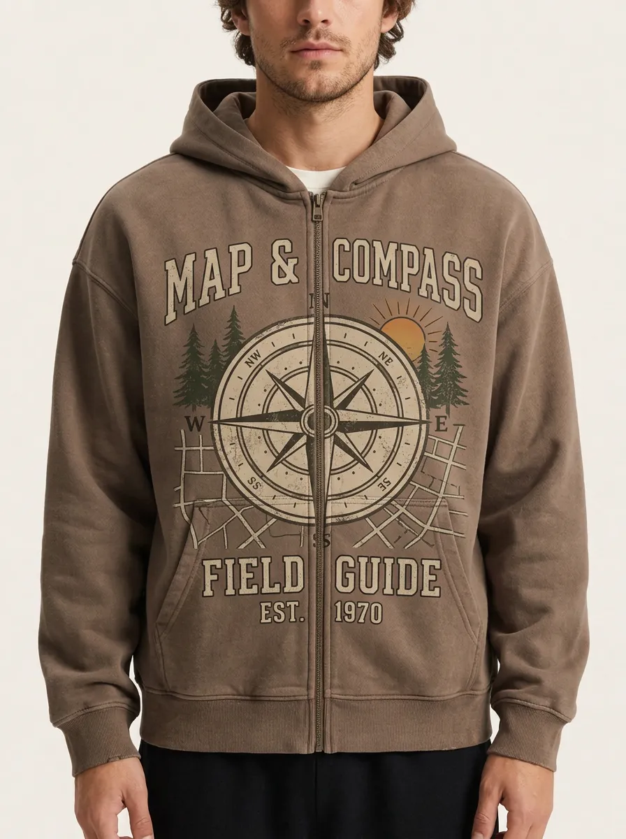 Men's Adventure Explorer Compass Map Printed Zip-up Hoodie