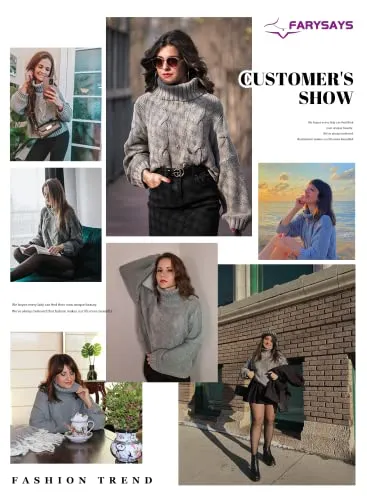 Women's 2025 Turtleneck Balloon Long Sleeve Casual Loose Chunky Cable Knit Pullover Sweater Outerwear
