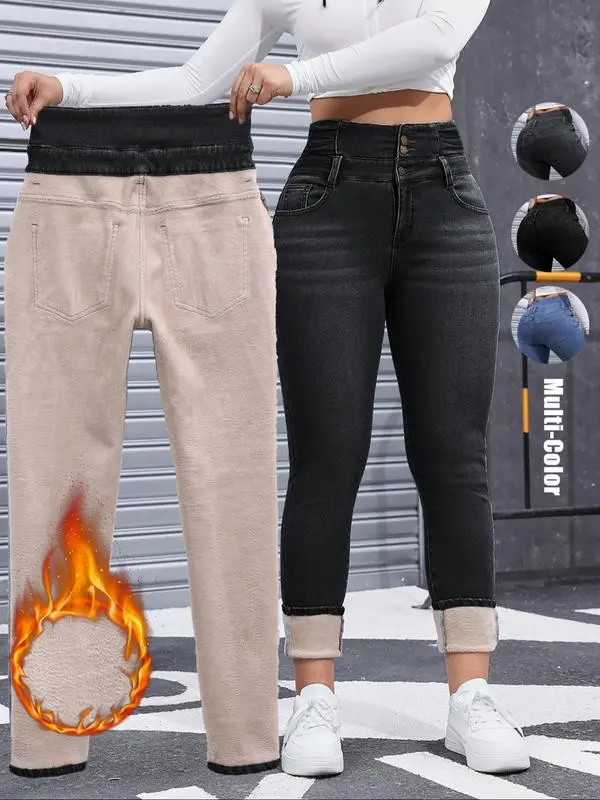 Women's High Elasticity Fleece Lined Thick Denim Jeans&Comfortable Slimming Jeans
