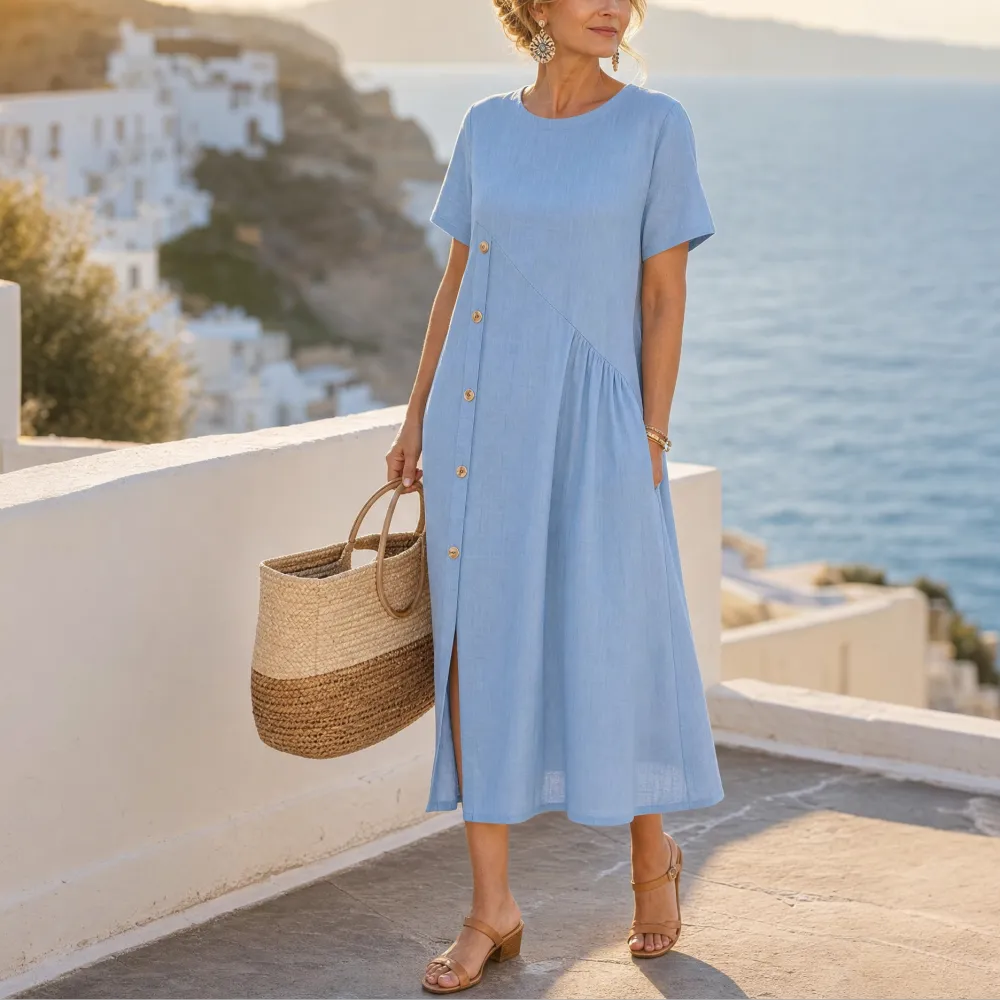 Button Front Linen Blend Cotton Blend Midi Dress