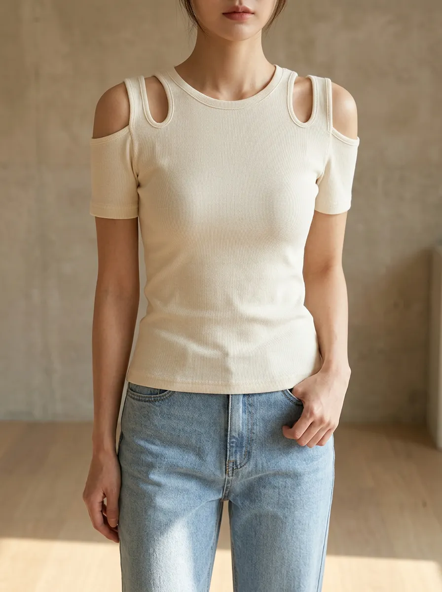 Women's Casual Minimalist Cold Shoulder Ribbed Knit Top