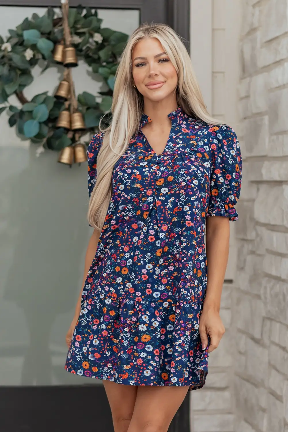 Polished Detail Floral Split Neck Puff Sleeve Mini Dress