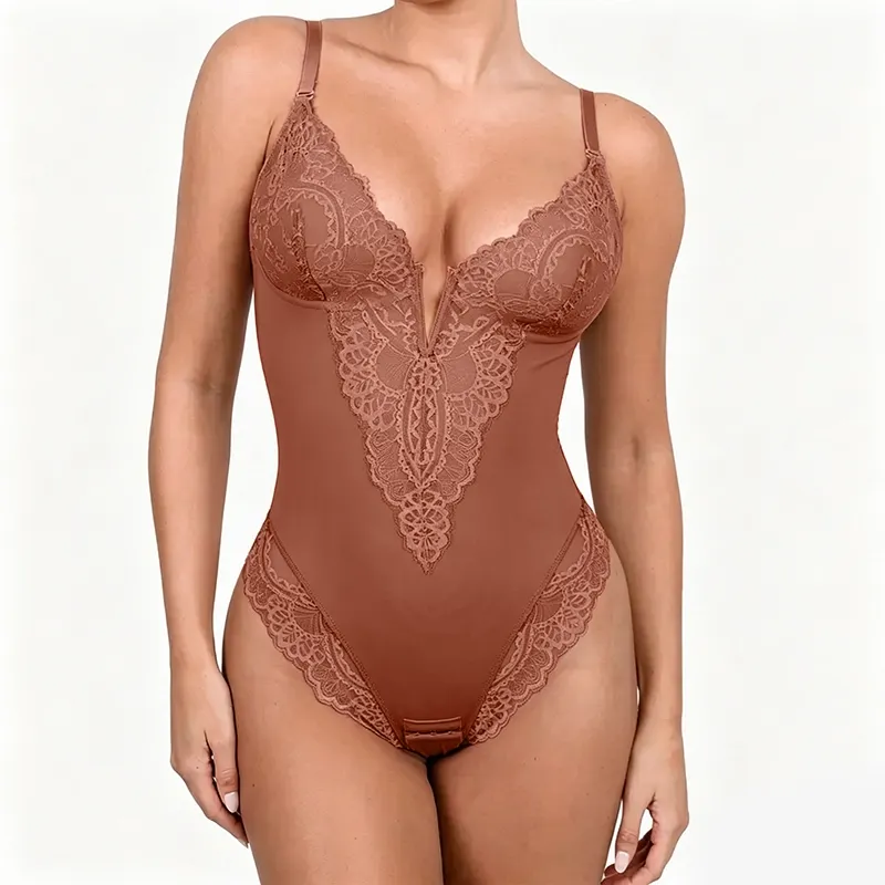 Womens Deep V Lace Bodysuit Built-in Shapewear Breathable Shaping Tops