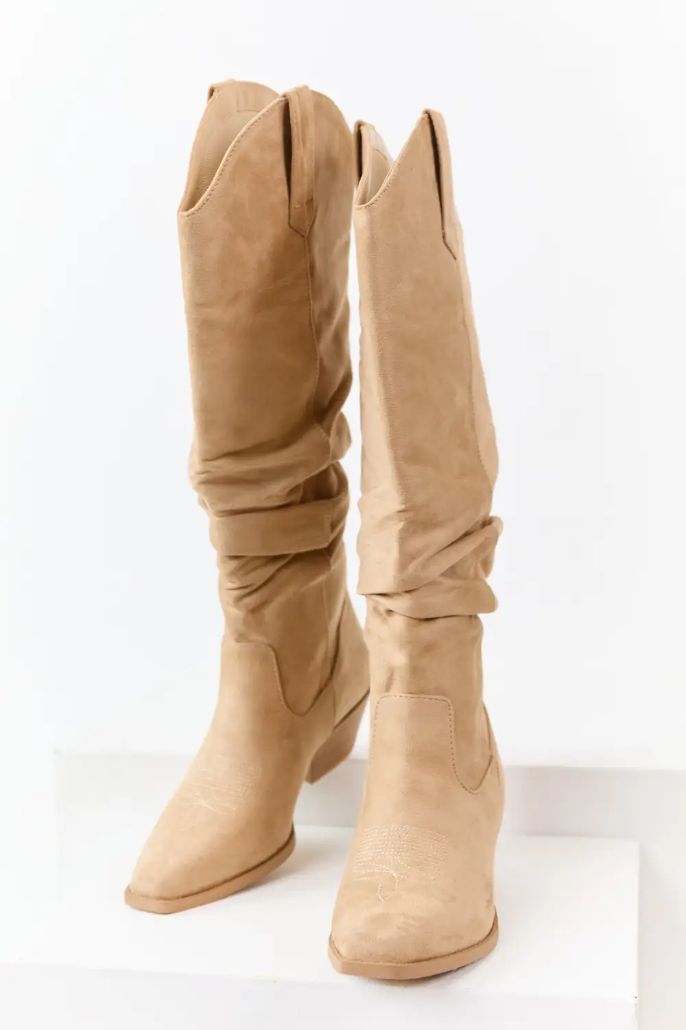 Beige Microsuede Western Style Slouch Tall Boots