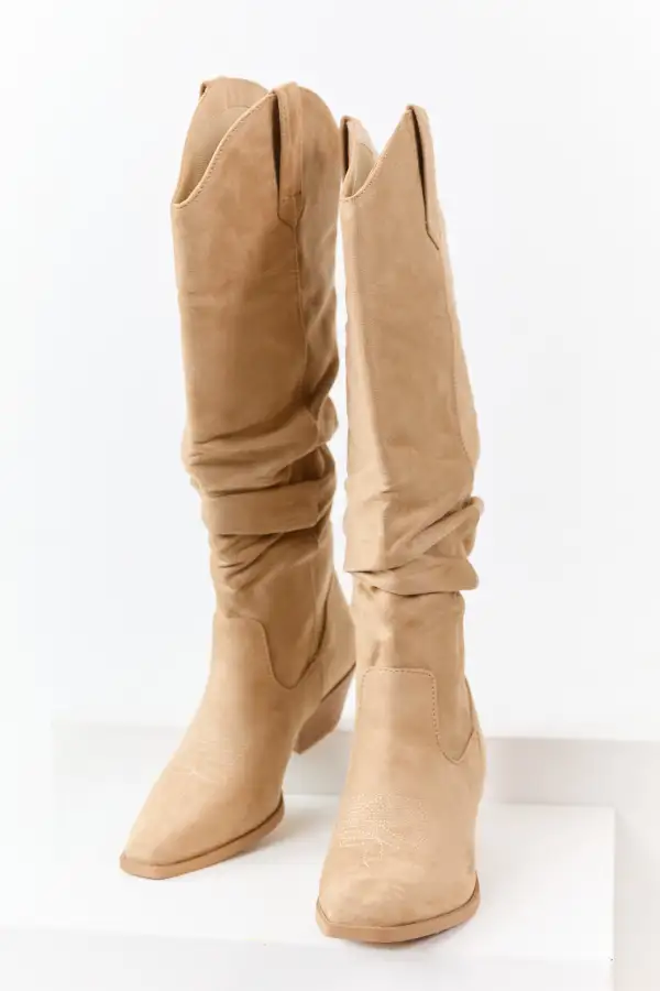 Beige Microsuede Western Style Slouch Tall Boots