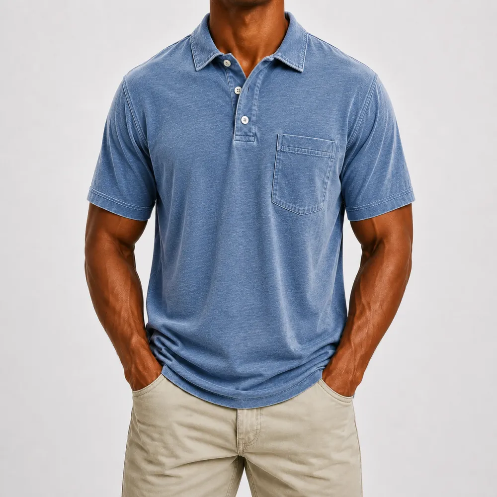 Men's Washed Cotton Blend Pocket Polo Shirt, Lightweight Breathable 3-Button Relaxed Fit