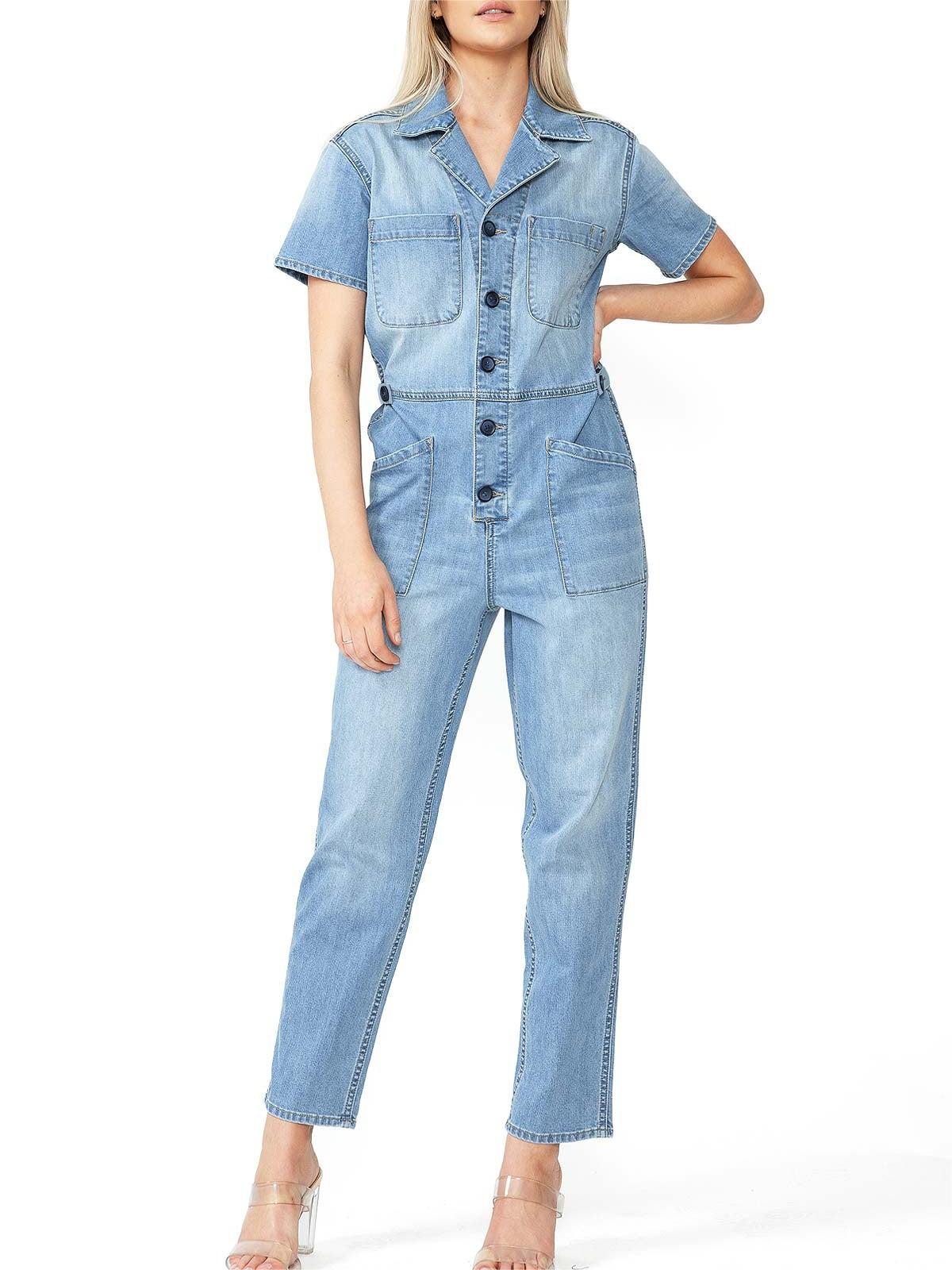 Light Blue Denim Short - Sleeve Jumpsuit