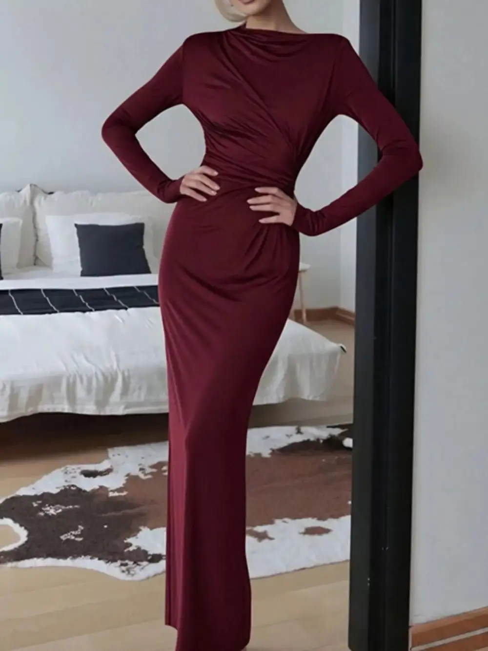 Balanced Detail Ruched Long Sleeve Maxi Dress