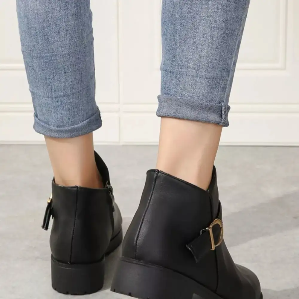 Textured Buckle Accent Ankle Boots