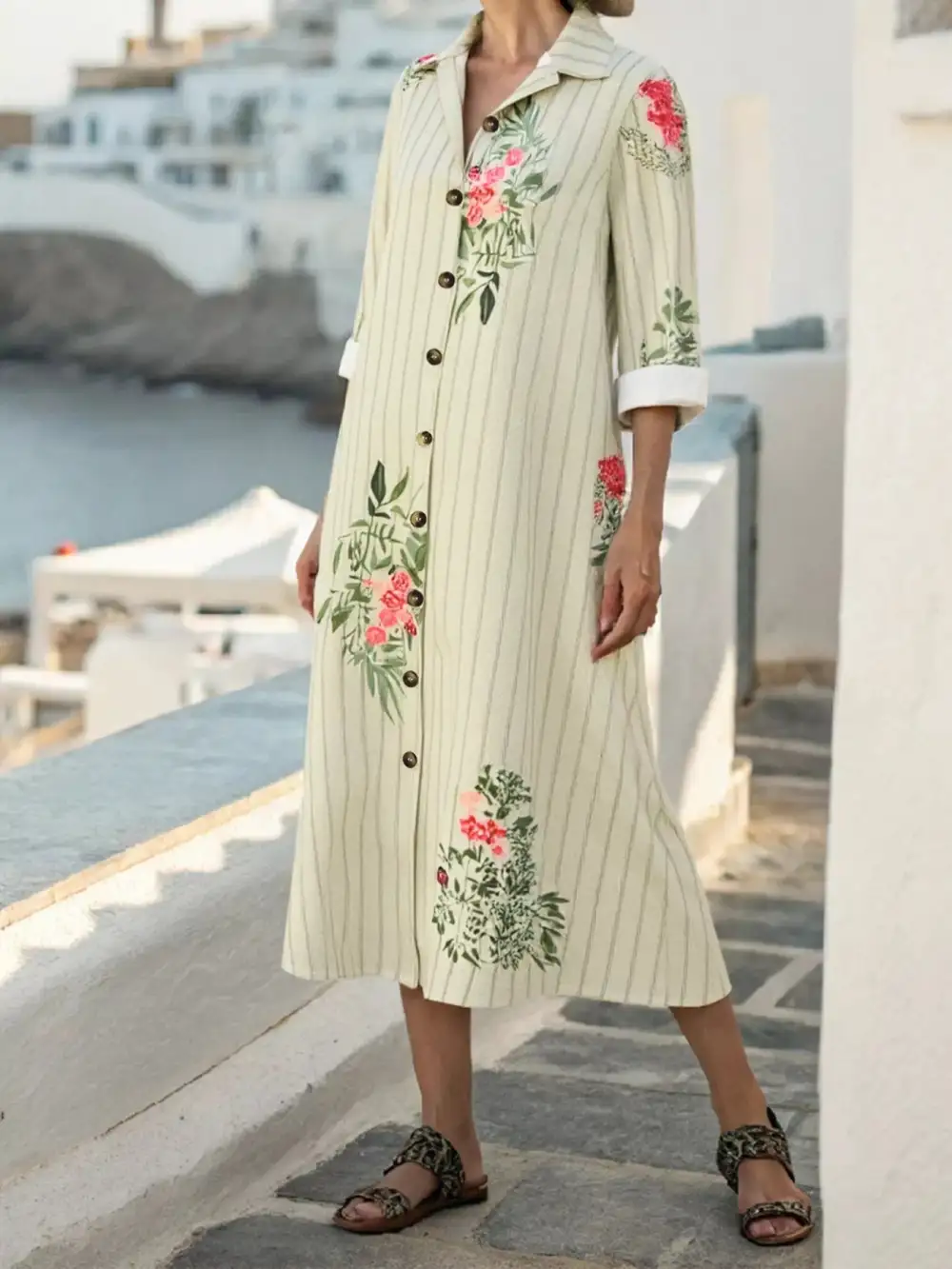 Button Front Floral Striped Midi Dress