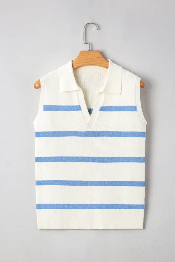 Stripe Split V-Neck Collared Ribbed Sweater Vest