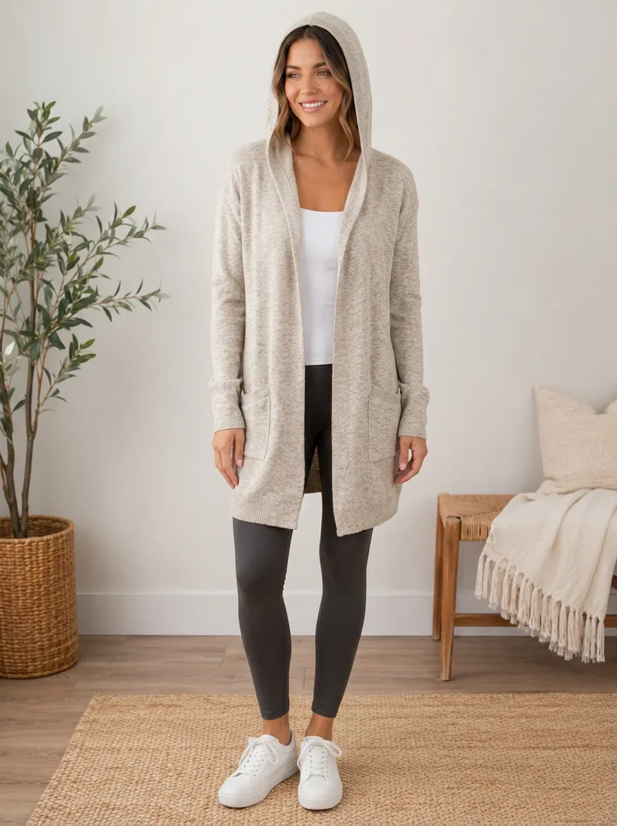 Women's Casual Style Beige Heathered Open Front Hooded Cardigan