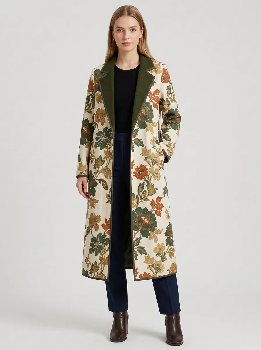 Women's Vintage Floral Botanical Printed Long Trench Coat