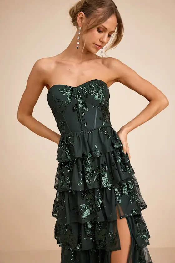 Definite Glamour Emerald Sequin Strapless Bustier Maxi Dress