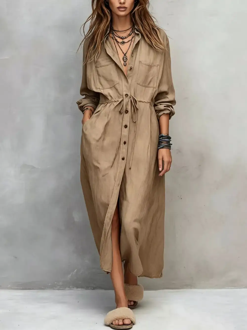 Button Front Long Sleeve Drawstring Waist Shirt Dress