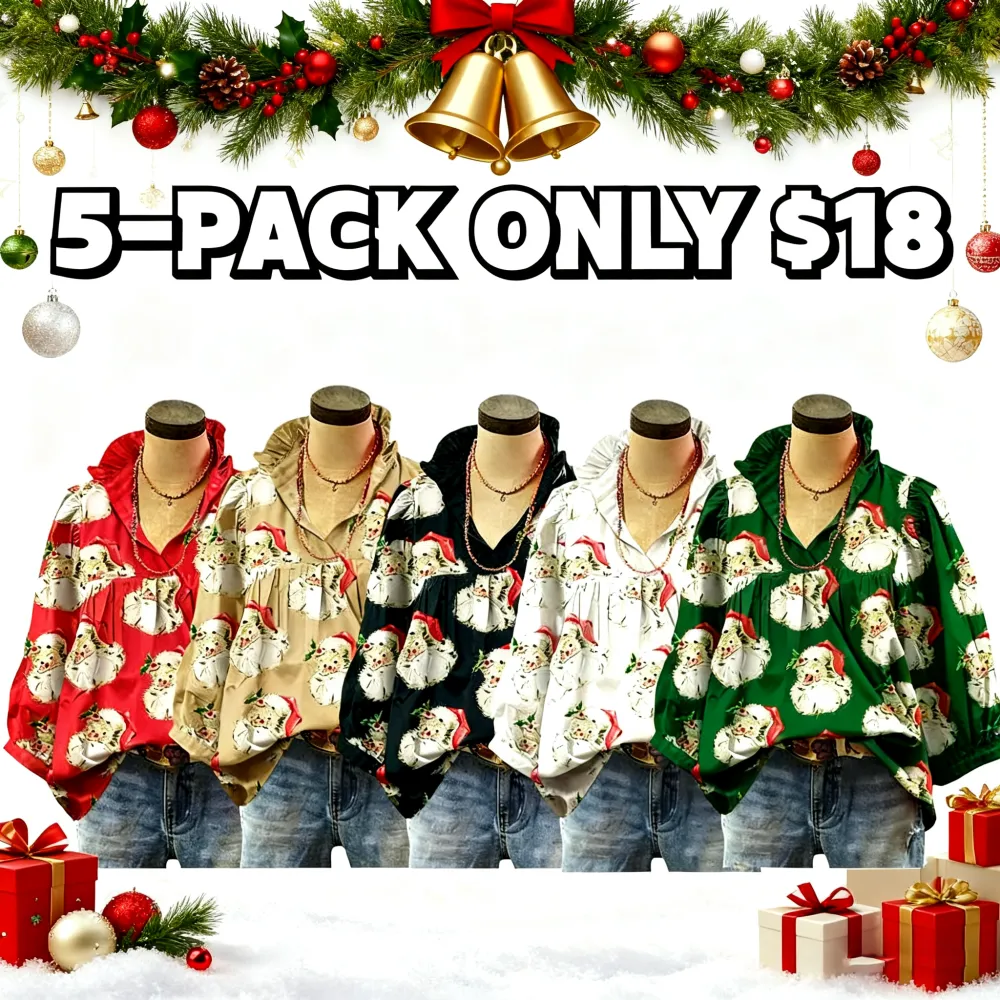 Christmas Santa Print Ruffle V-Neck Blouse