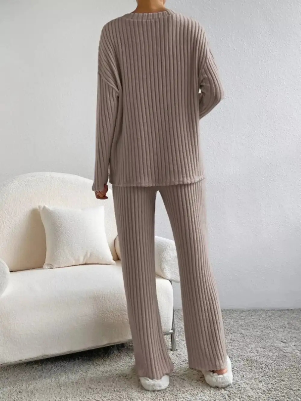 Classic Ribbed Knit V Neck Top and Pants Set