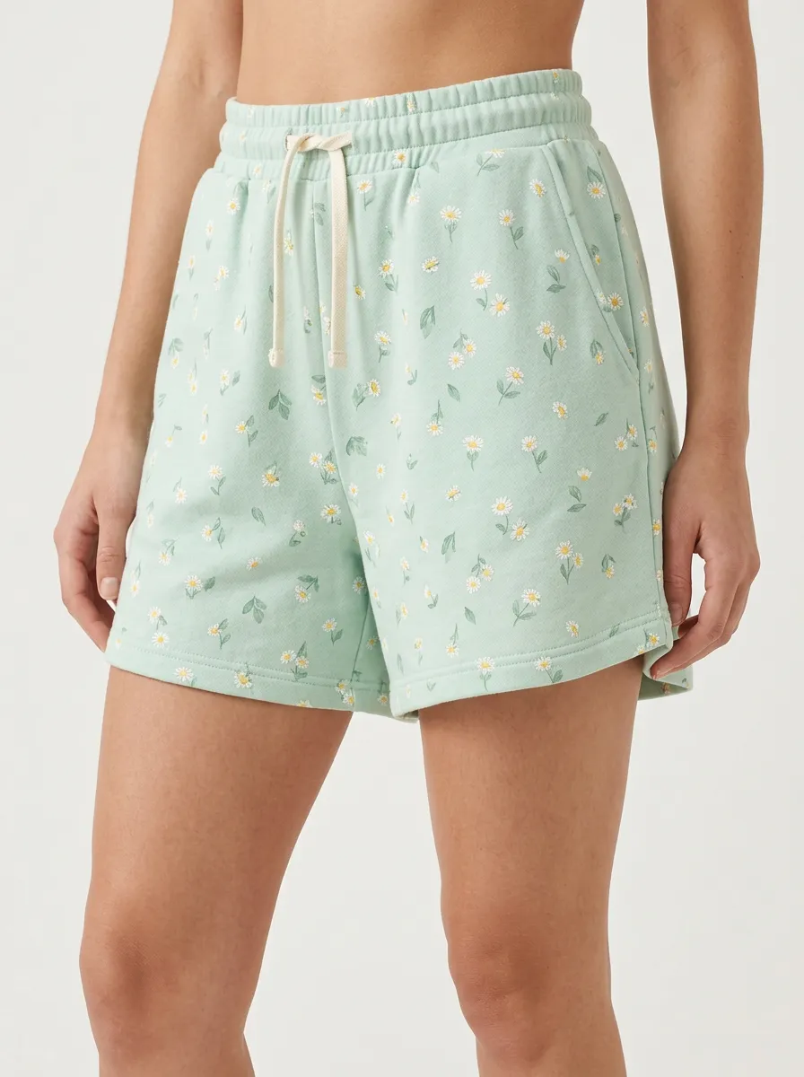 Women's Floral Daisy Drawstring Elastic-Waist Printed Sweat Shorts