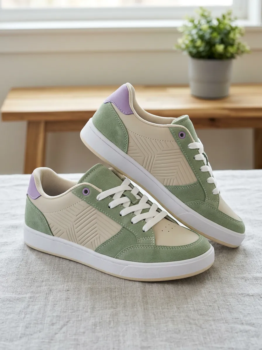 Women's Sage Green Geometric Pattern Suede Printed Sneakers