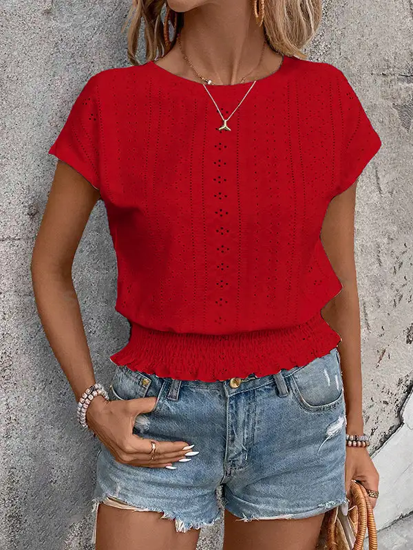 Relaxed Raglan Sleeve Elasticity Cutout Jacquard Round Neck T-Shirt
