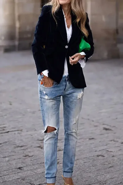 Single-Button Lapel-Collar Long-Sleeve Blazer