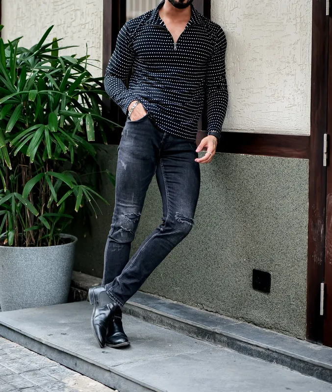 Black Button-Front Long Sleeve Casual Top