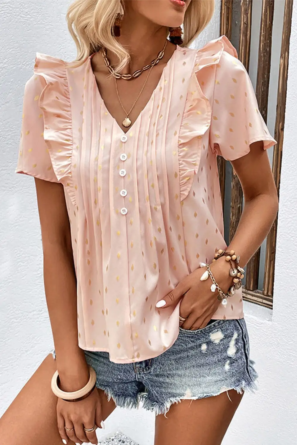 Ruffle Trim Pleated Blouse