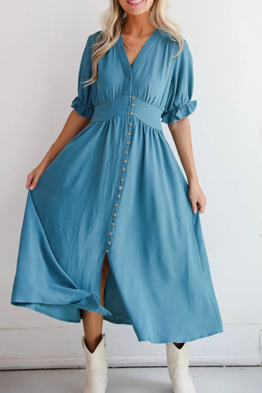 V-Neck Teal Midi Dress