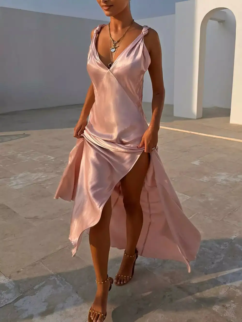 Satin V Neck Slit Maxi Dress