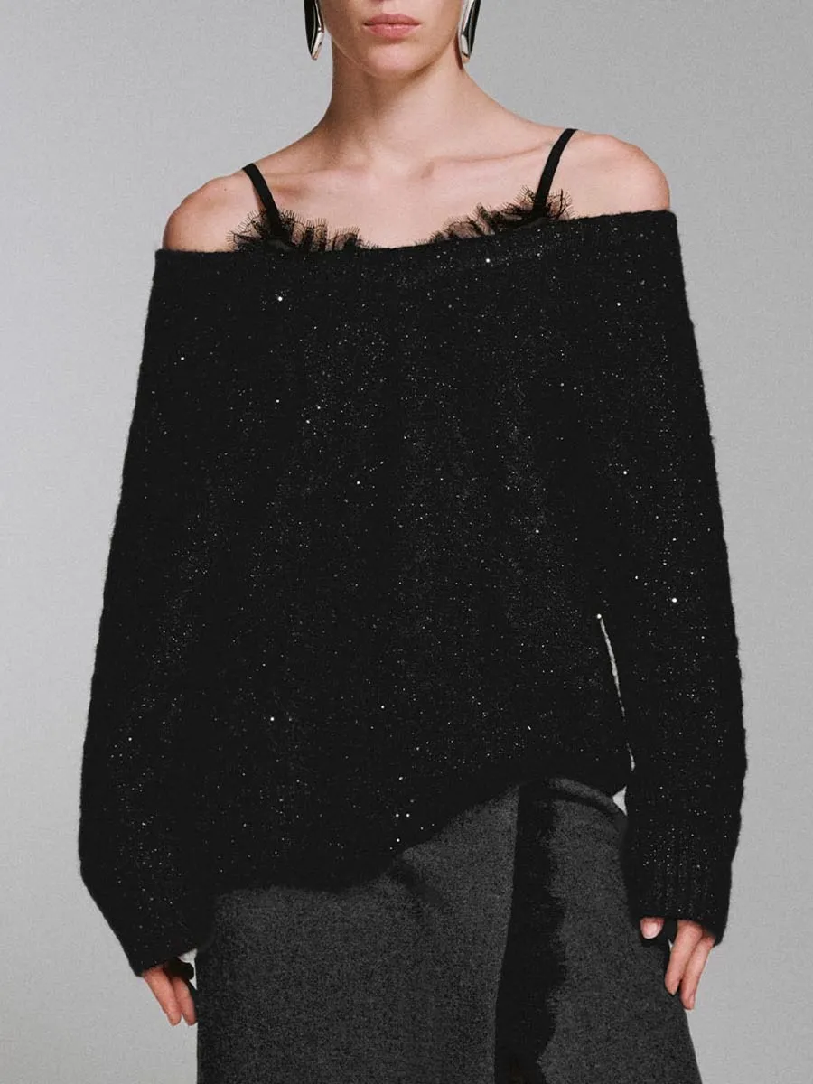 Lady's Off-The-Shoulder Sweater With Shiny Straps