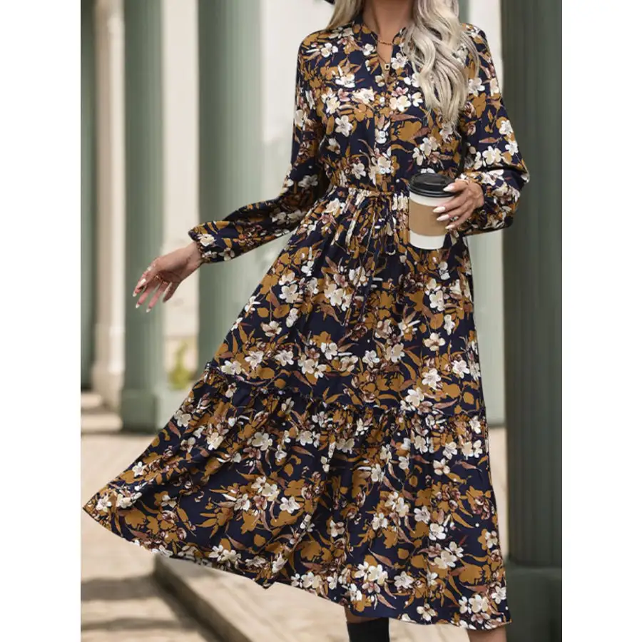 Notched Long Sleeve Midi Dress