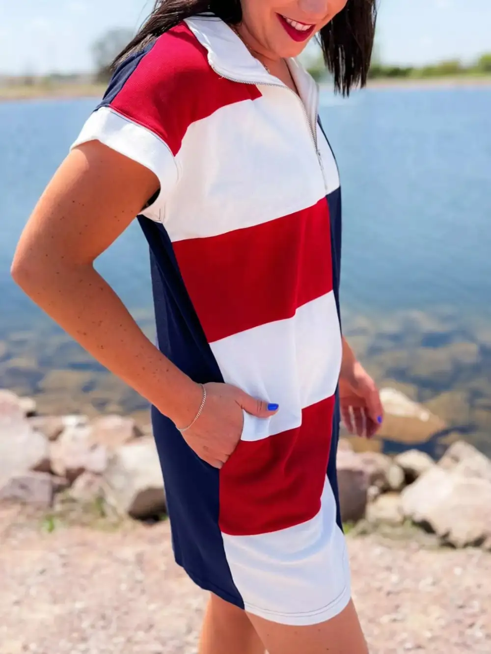 Striped Patchwork Zip Front Mini Dress