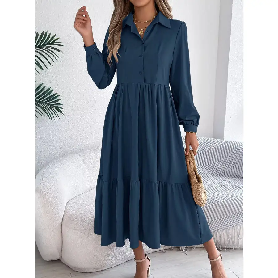 Long Sleeve Tiered Button Front Midi Dress
