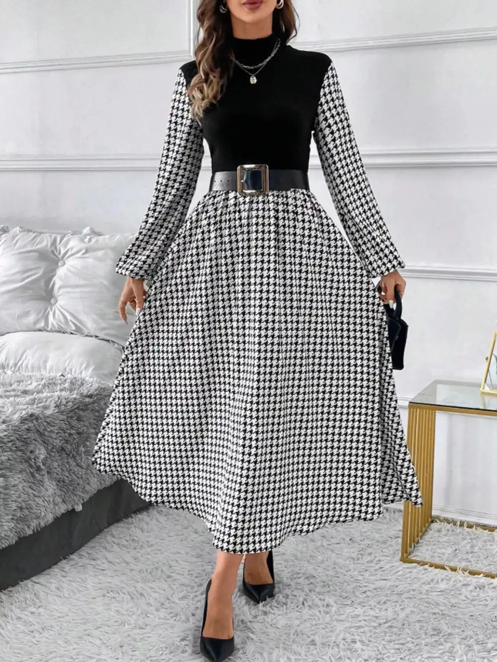 Houndstooth Mock Neck Dress Casual
