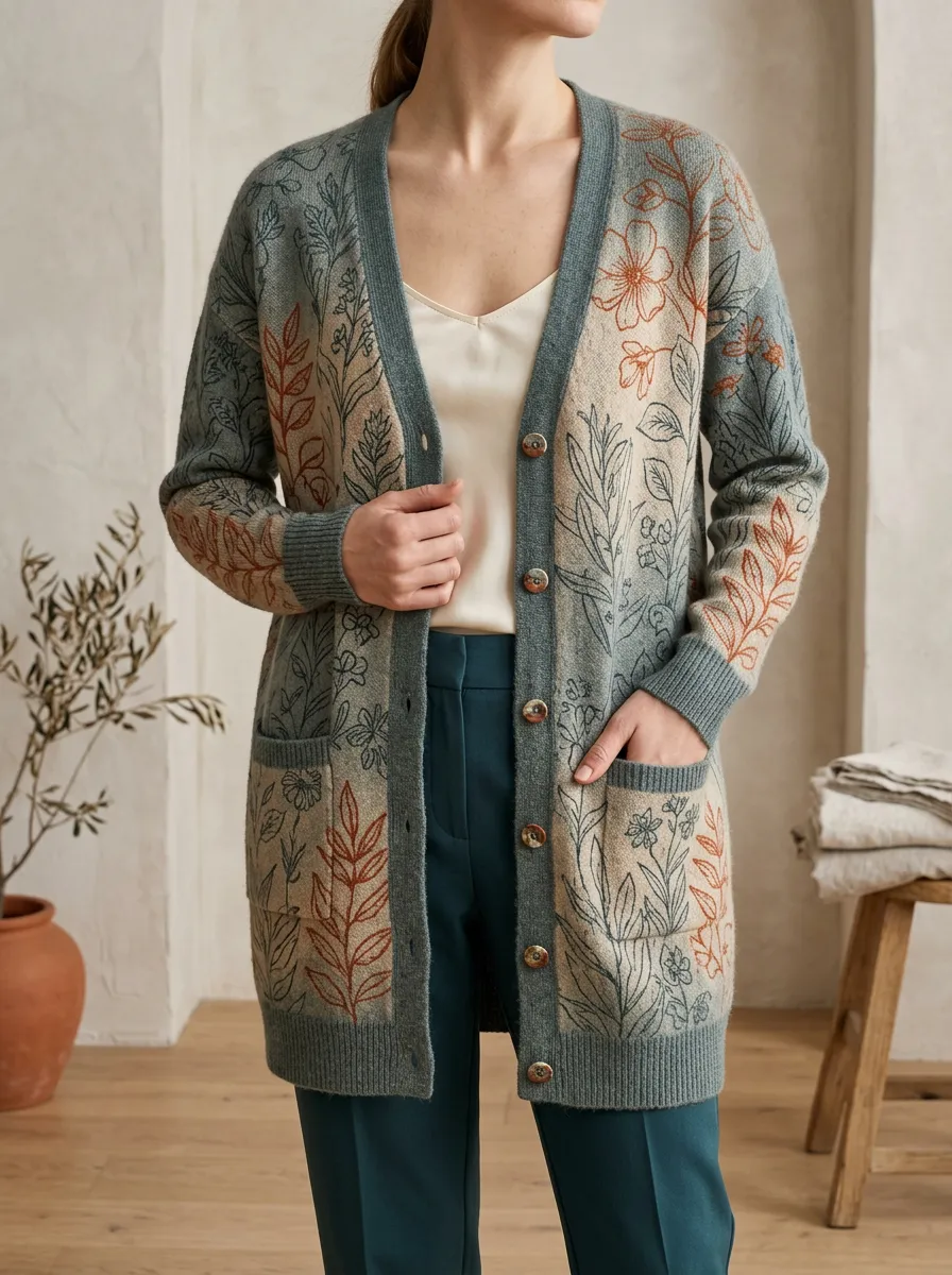 Women's Botanical Nature Lover Floral Printed Patch Pocket Daily Layering Cardigan