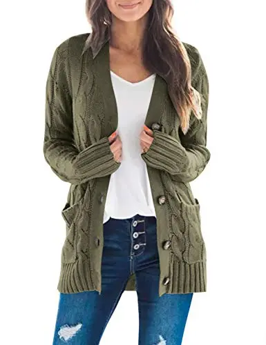 Women's Long Sleeve Cable Knit Sweater Open Front Cardigan Button Loose Outerwear