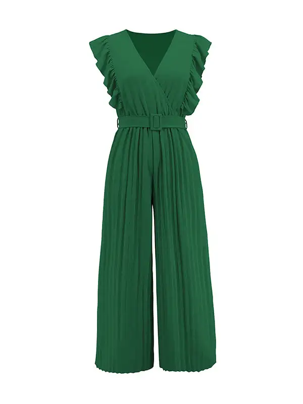 Hoog Getailleerde Losse Geplooide Jumpsuits Met V Hals