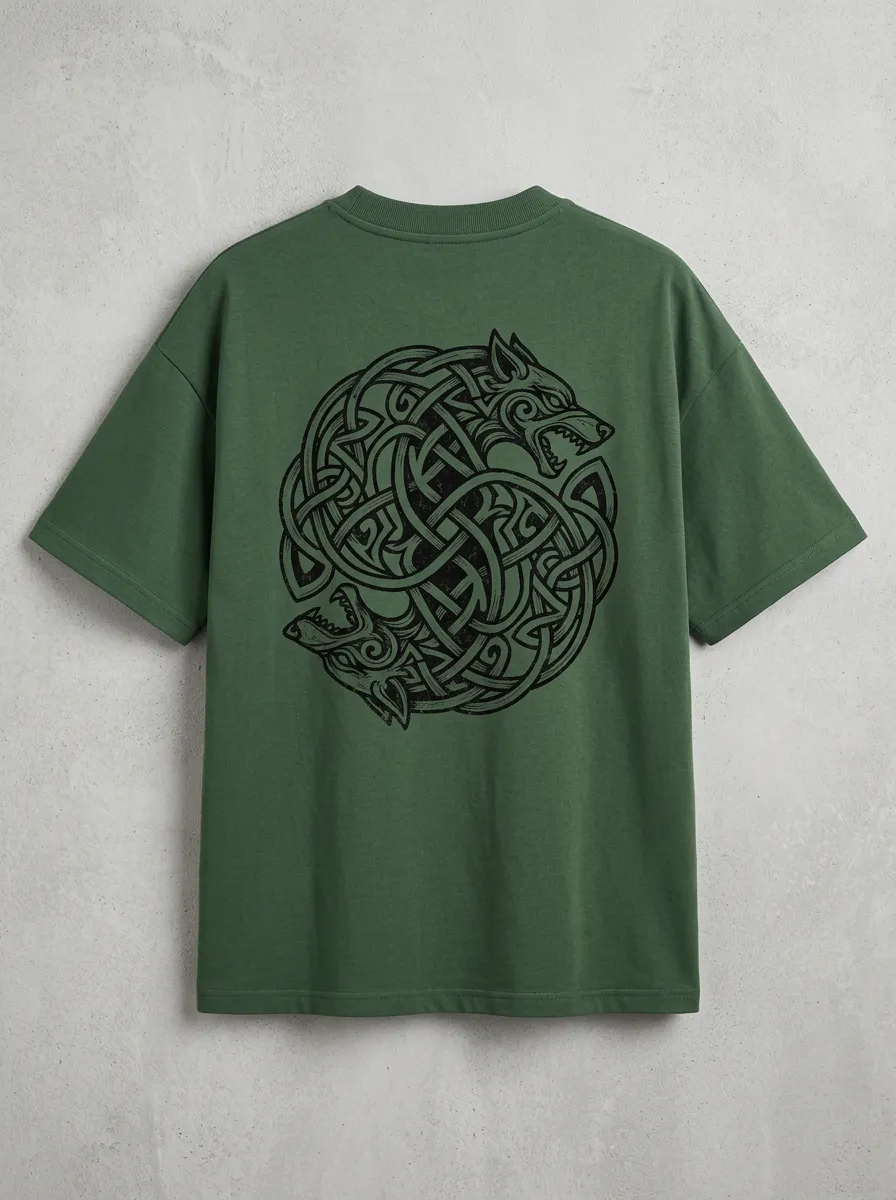 Men's Wolf Drop-Shoulder Crew-Neck Short-Sleeve Back-Graphic Forest T-Shirt